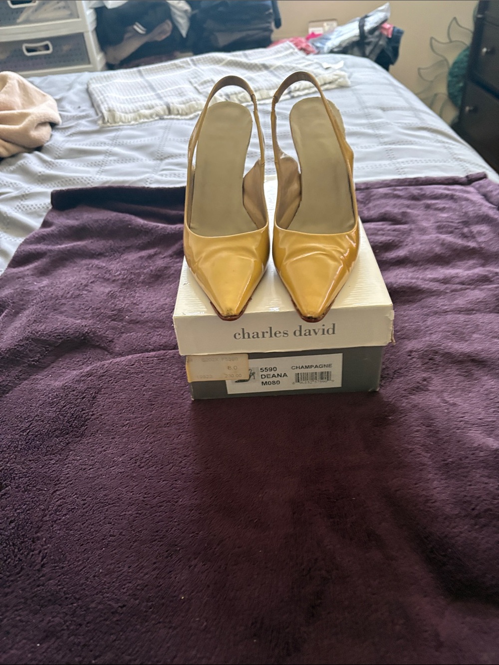 Charles David Patent Pointed-Toe Slingback Heels in Champagne Yellow